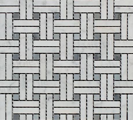 Polished Bianco Carrara and Blue Gray Marble Stanza Basketweave Mosaic Tile