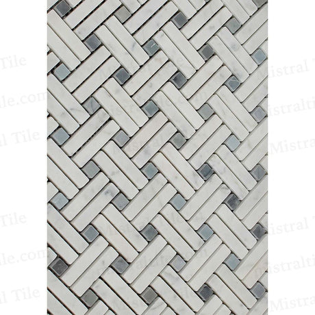 Polished Bianco Carrara and Blue Gray Marble Stanza Basketweave Mosaic Tile Wall