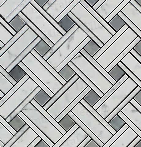 Polished Bianco Carrara-Blue Gray Marble Panama Weave Mosaic Tile