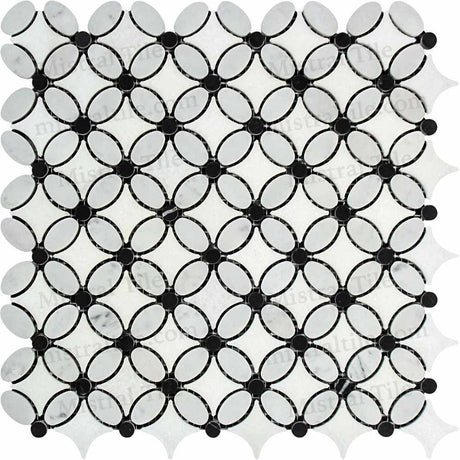 Polished Carrara - Thassos - Black Florida Mosaic Flower Pattern Tile