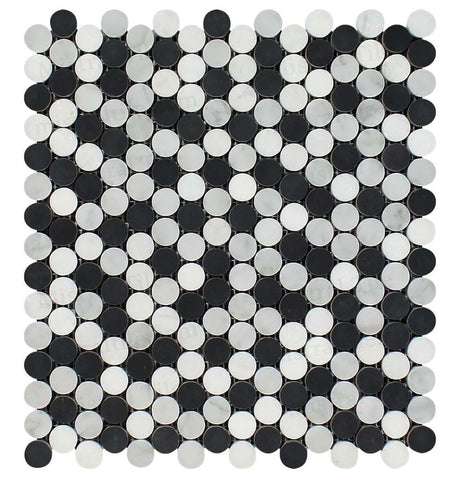 Polished Carrara-Thassos-Black Penny Round Mosaic Tiles