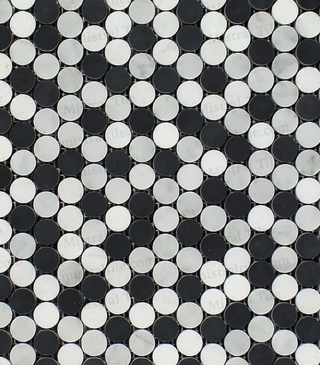 Polished Bianco Carrara-Thassos White and Black Marble Penny Round Mosaic Tile