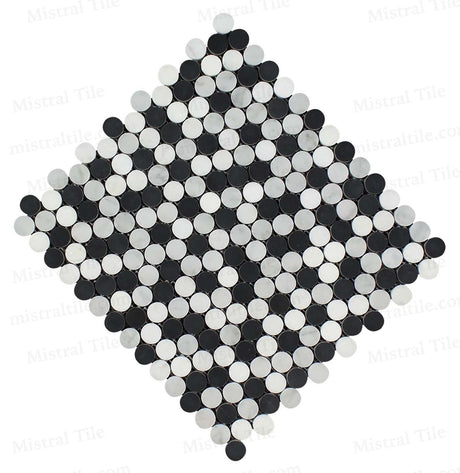 Polished Bianco Carrara-Thassos White and Black Marble Penny Round Mosaic