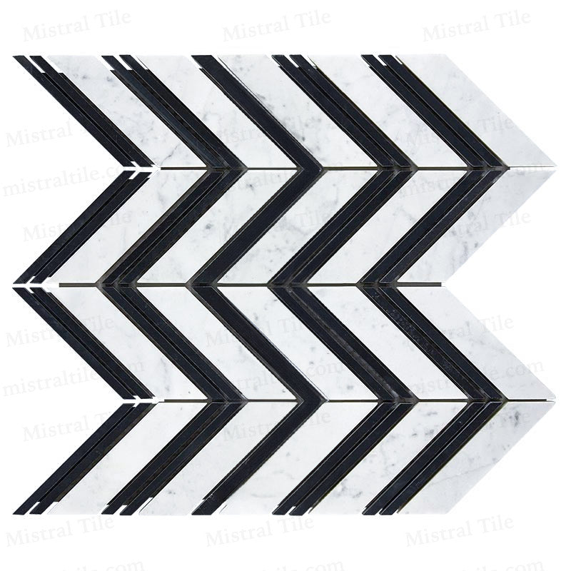 Polished Bianco Carrara - Black Marble Large Format Chevron Mosaic Tile Perspective View 2