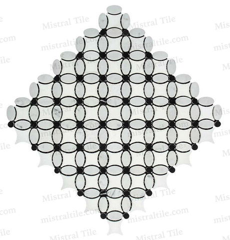 Polished Carrara - Thassos - Black Florida Mosaic Flower Pattern