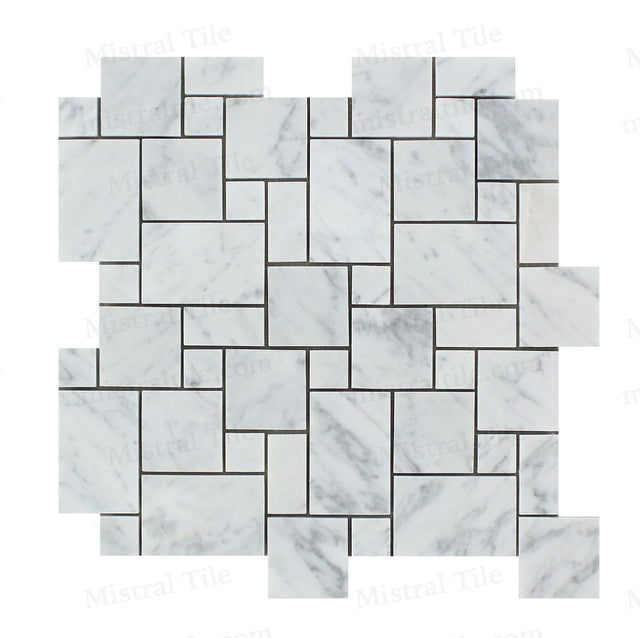 Polished B. Carrara Marble Mini Versailles Mosaic Tile