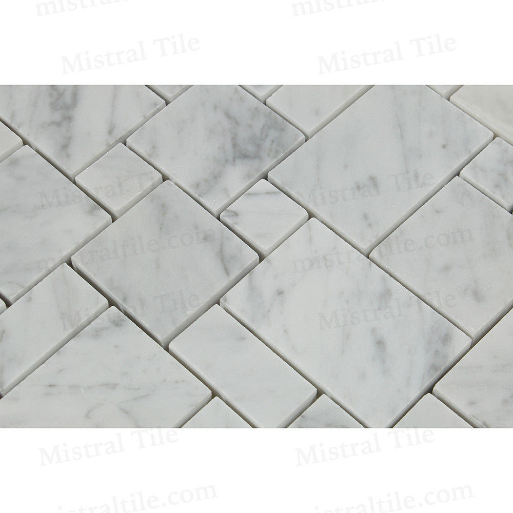 Polished B. Carrara Marble Mini Versailles Mosaic Tile Details