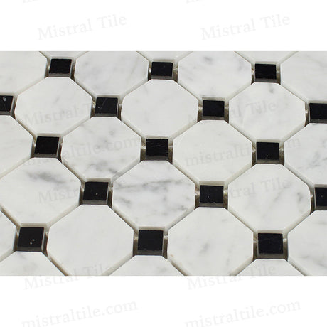 Polished Bianco Carrara-Black Octagon Mosaic Tile Horizontal