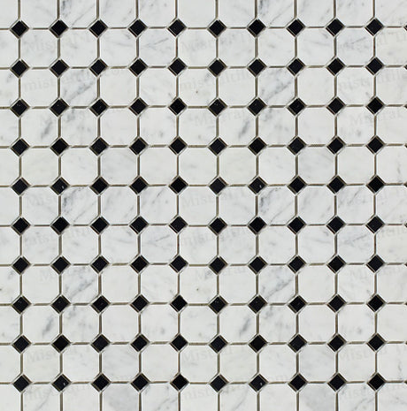 Polished Bianco Carrara-Black Octagon Mosaic Tile Vide View