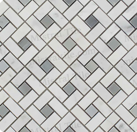 Polished Bianco Carrara and Blue-Gray Marble Mini Pinwheel Pattern Mosaic Tiles