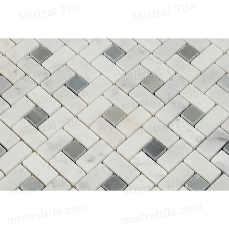 Polished Bianco Carrara and Blue-Gray Marble Mini Pinwheel Pattern Mosaic Tile perspective