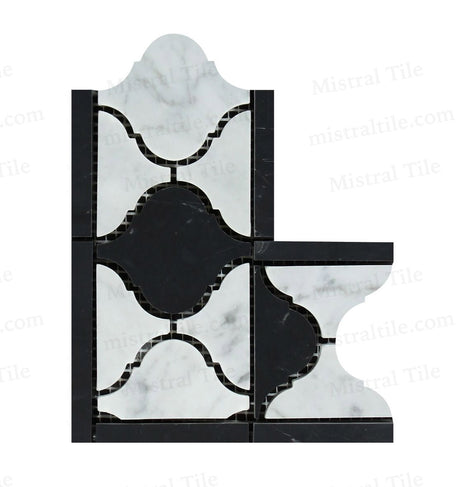 Polished Bianco Carrara and Black Marble Lantern Pattern Mosaic Border Corner Vertical