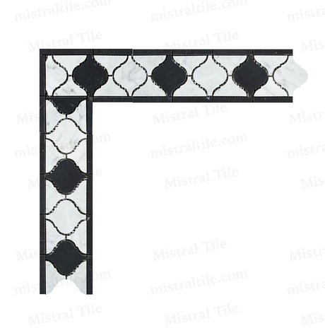 Polished Bianco Carrara and Black Marble Lantern Pattern Mosaic Border Corner piece Installed