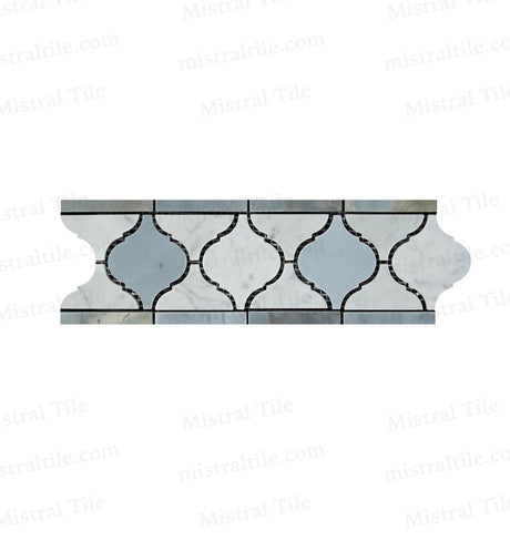 Polished Bianco Carrara with Blue Gray Marble Lantern Pattern Mosaic Border Tile