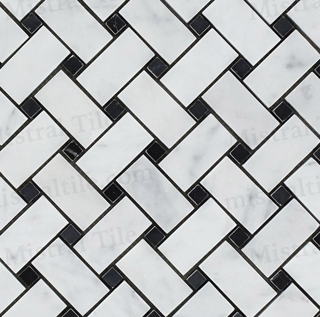 Polished Carrara - Black Marble Basketweave Mosaic Cross View