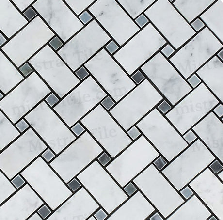 Polished Carrara - Blue Gray Basketweave Mosaic Cross View