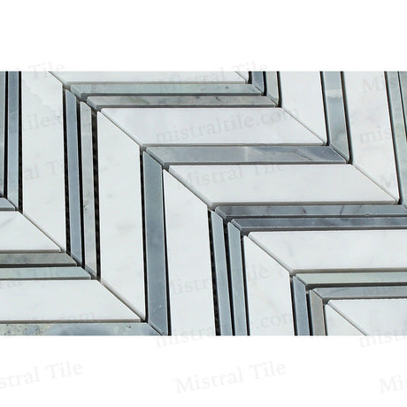 Polished Bianco Carrara - Blue Gray Marble Large Format Chevron Mosaic Tile Zigzag V-Shaped