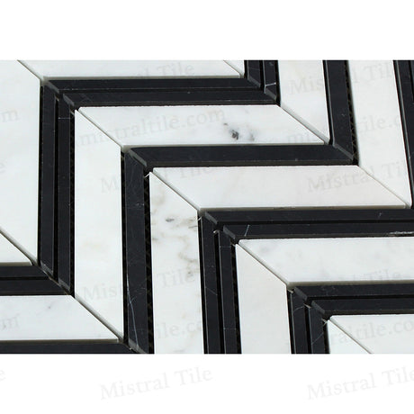 Polished Bianco Carrara - Black Marble Large Format Chevron Mosaic Tile Perspective View Details